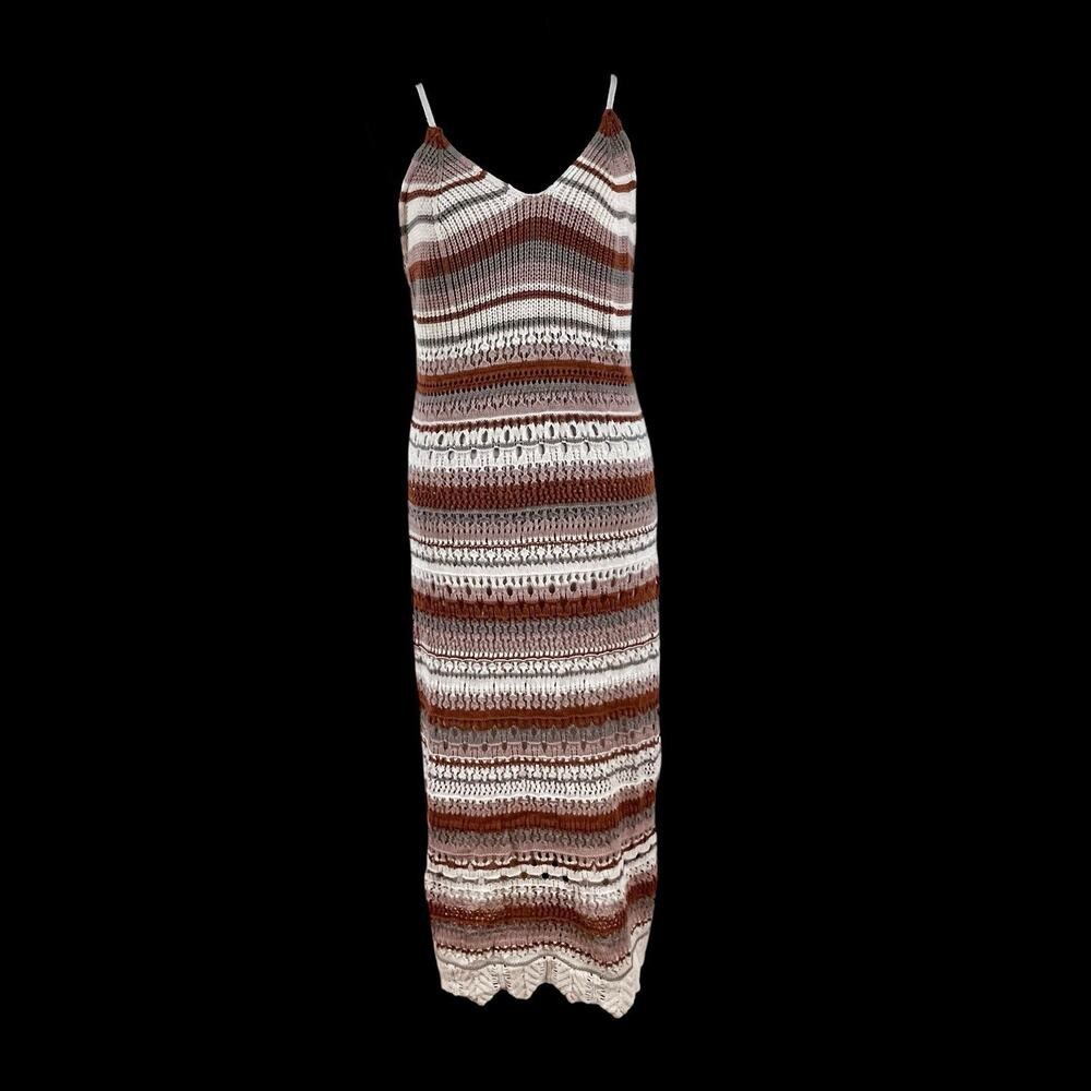 Freshman 1996 Crochet Knit Dress Sz S EarthTones Stripe Midi Lined Stretch Boho